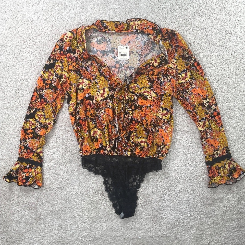 Free People Intimately Floral Bodysuit Midnight Combo Bell Sleeve NWT Size M